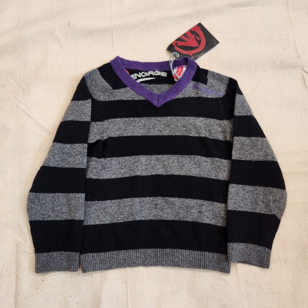 New Energie Kids V-Neck Striped Wool Blend Pullover Sweater Size 4 Black Gray